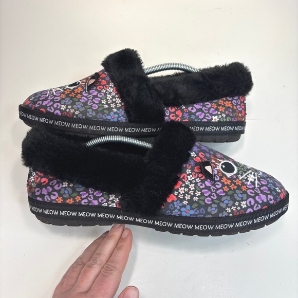 Skechers BOBS Too Cozy Meow Slippers Black Floral Leopard Cat Size 8 - Picture 6 of 12